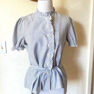 Kimchi & Blue Women Blouse Blue & White Stripes Button Up Smock Ruffle Tie Waist